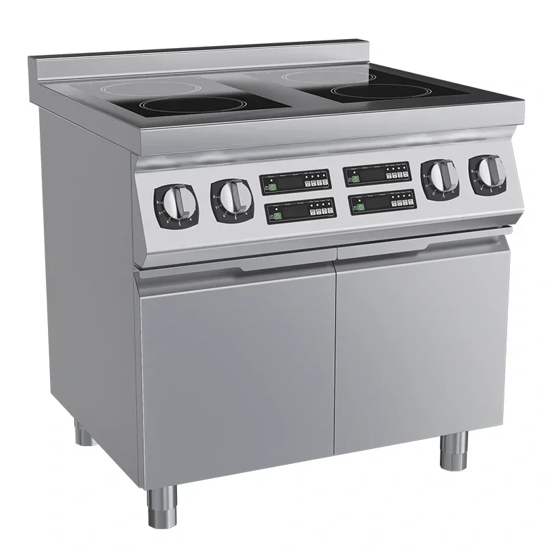 Commercial 4 Burner High Power Induction Cooker Stainless Steel Heavy Duty Cooking Range with Open Cabinet for Restaurant
