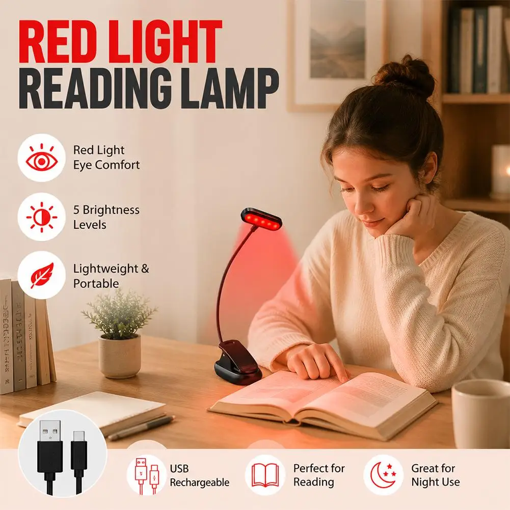 670nm Red Light Book Lamp Eye Care Reading Light Rechargeable Touch Dimming Portable Flexible Gooseneck For Sleep Bedtime