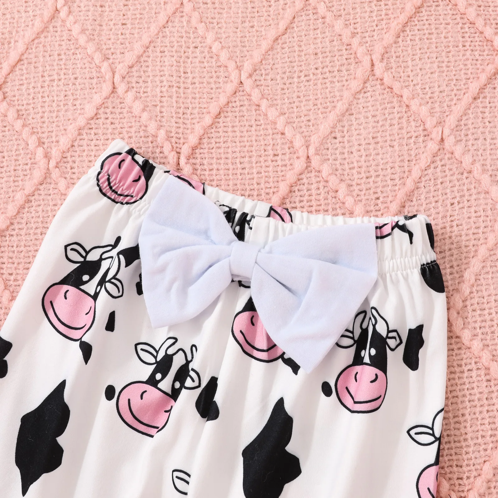 Infant Baby Cute Cow Print Set Long Sleeve Baby Romper Climbing Clothes + Bowknot Flared Pants + Hat 3pcs Set For Baby Girls