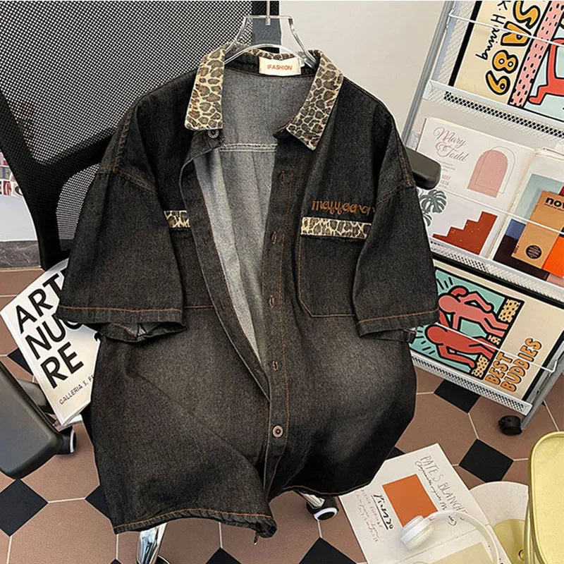 Men's Short Sleeve Denim Shirt Summer Leopard Print Splicing Lapel T-shirt American Casual Fashion Loose Single Breasted Tees