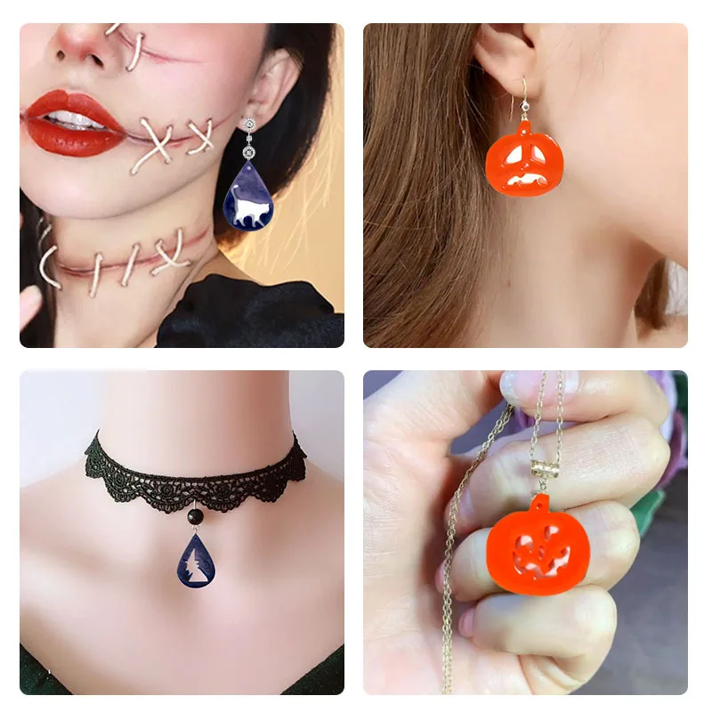 Handmade Halloween Hanging Pendants Silicone Mold Ghost Bat Witch Cat Style Pendants Resin Mold For DIY Jewelry Earring Necklace