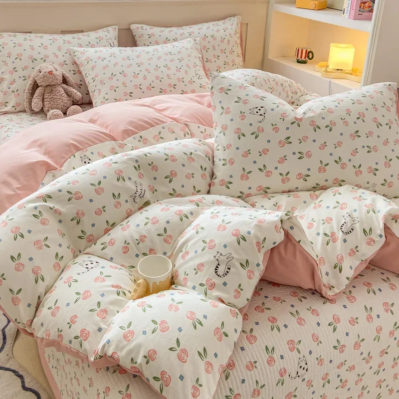 Plant Floral Duvet Cover 3 Piece Set, Cute Cartoon Cat Pattern Bedding Set, Women Kids Girls Bedroom Decorative Pink Quilt Cover