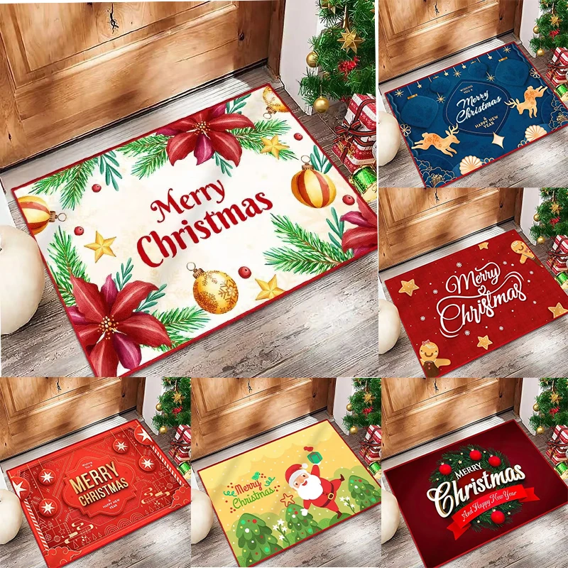 Flanell-Fußmatten mit Weihnachtsmotiv, festliche Weihnachtsmann-Weihnachtsstern-Drucke, bunte Feiertagsdekoration, weiche Fußmatten für den Hauseingang