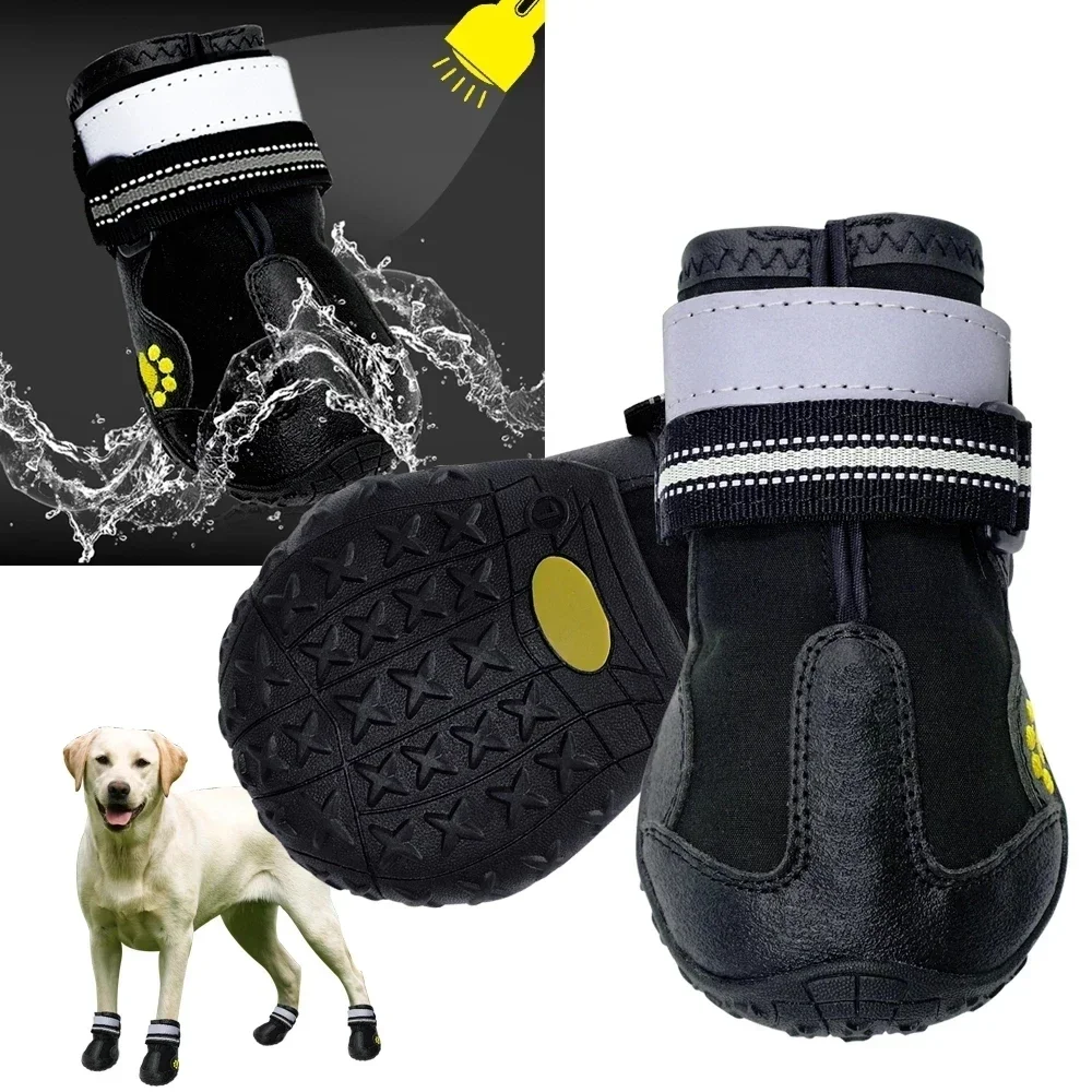 4pcs/set Pet Dog Shoes Reflective Waterproof Dog Boots Warm Snow Rain Pet Booties Anti-slip Socks Footwear For Medium Large Dogs