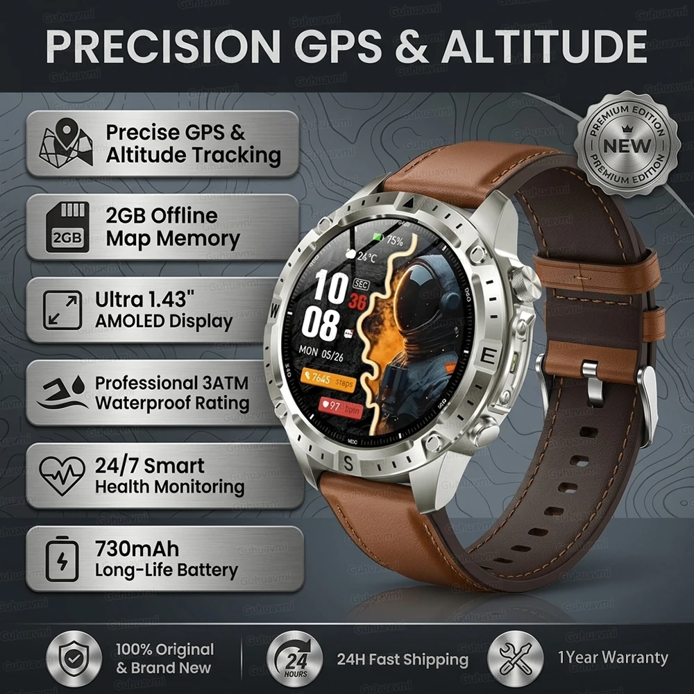 

2026 New Military GPS Sports Smartwatch Men Swim Waterproof Fitness Tracker 730Mah Battery 2GB RAM Offline Maps Smart Watch Men