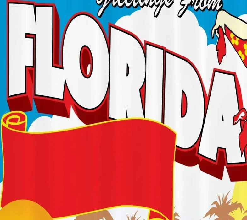 Groeten uit Florida ansichtkaartontwerp met een pin-up meisje in bikini en sinaasappelen stoffen badkamerdecorset met haken