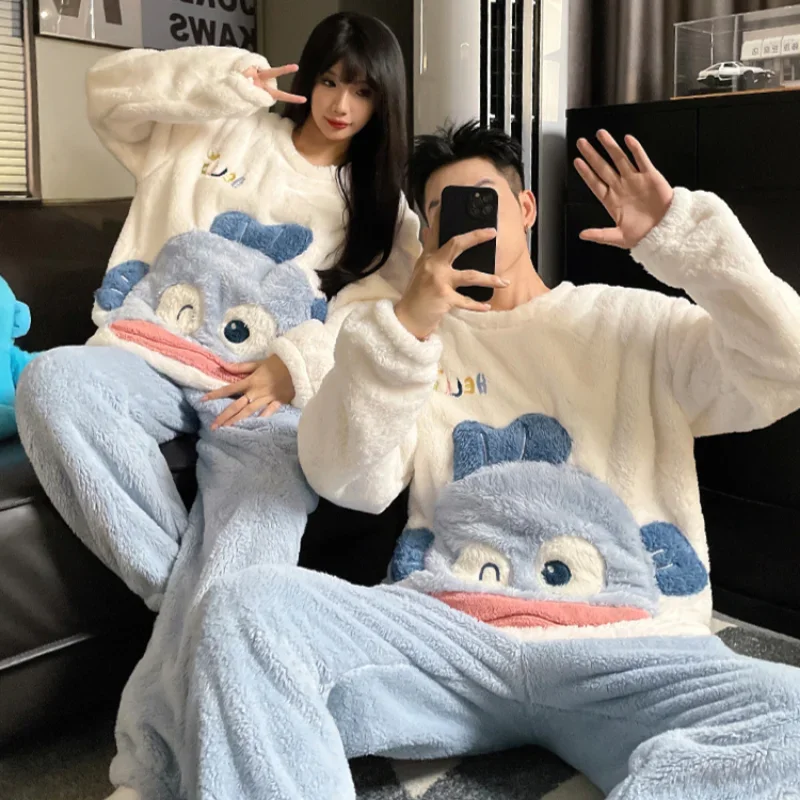 Cartoon Sanrio couple pajamas winter plush warm round neck loose jade cinnamon dog two-piece loungewear women\'s pajamas set