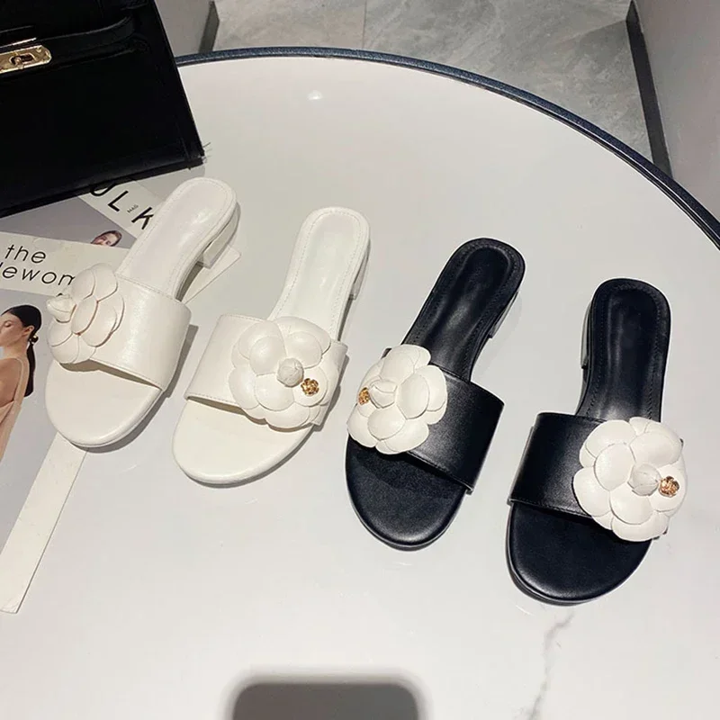 Women's Camellia Design Slippers, Low Heel Summer Sandals, Metal Flower Slippers, 2024