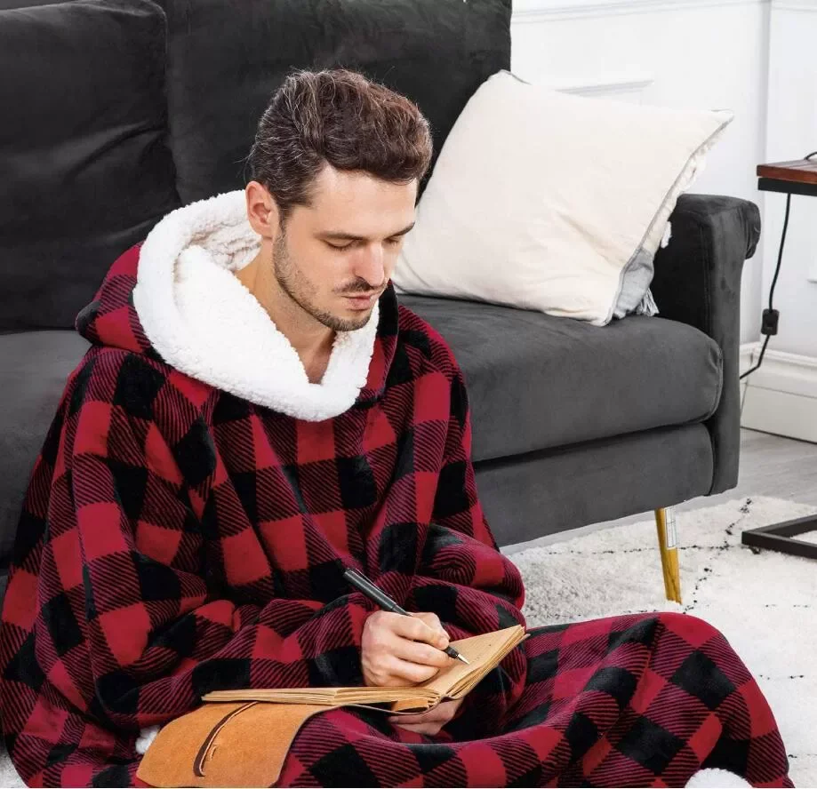 Oversized Hooded TV Blanket With Sleeves Super Long Fleece Pullover Sweatshirt Winter Warm Wearable Throw