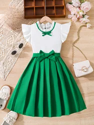 Fresh and elegant summer kids girls preppy dress with lace collar small flying sleeve patchwork green bow waist pleated skirt