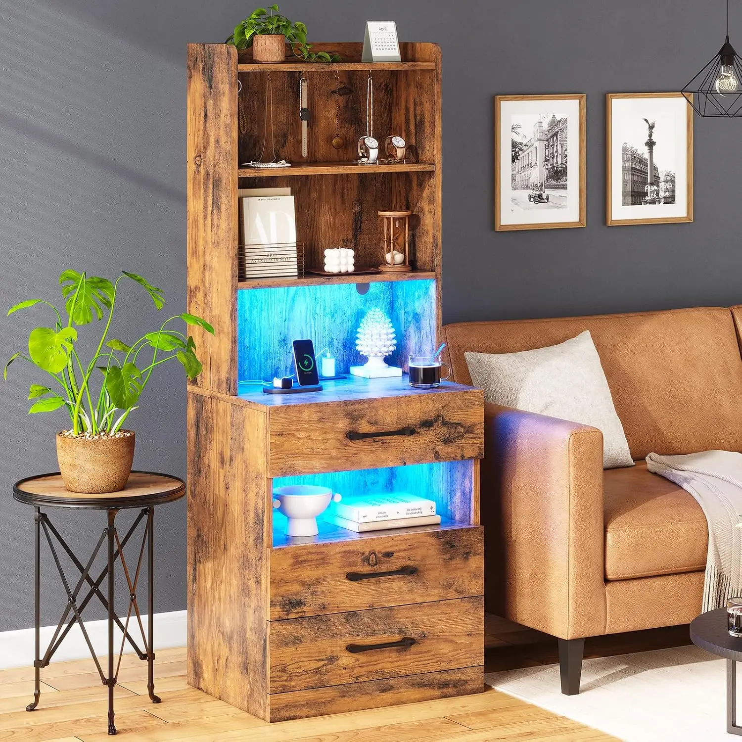 Tall Nightstand with Charging Station & LED Lights 3-Drawer Bedside Table with Bookshelf Rustic Brown End Table for Bedroom, Cus