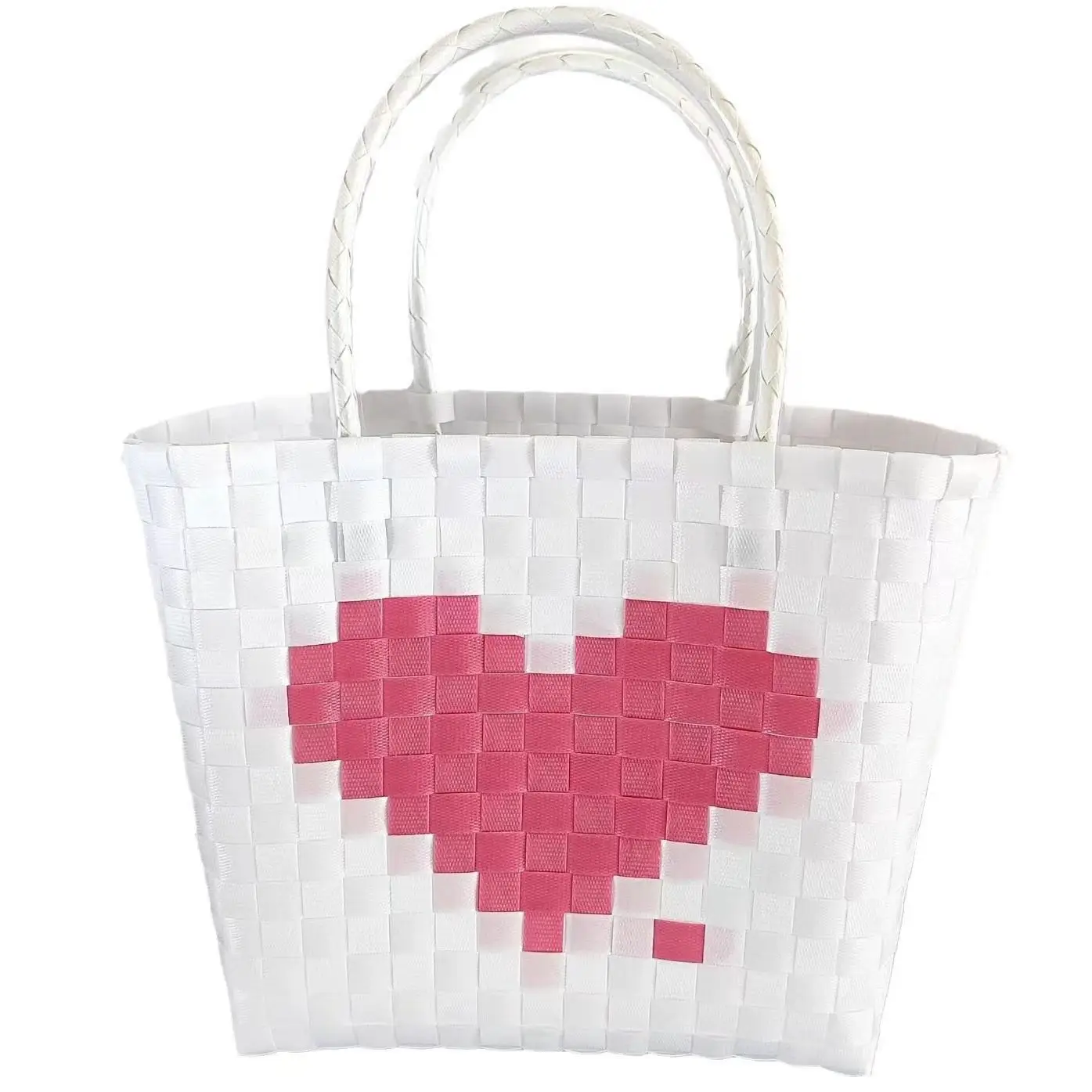 2024 Cute Heart Plastic Woven Tote Bag Valentines Day Women Handmade Vegetable Basket Gift Boho Girl Shopping Camp Beach Handbag