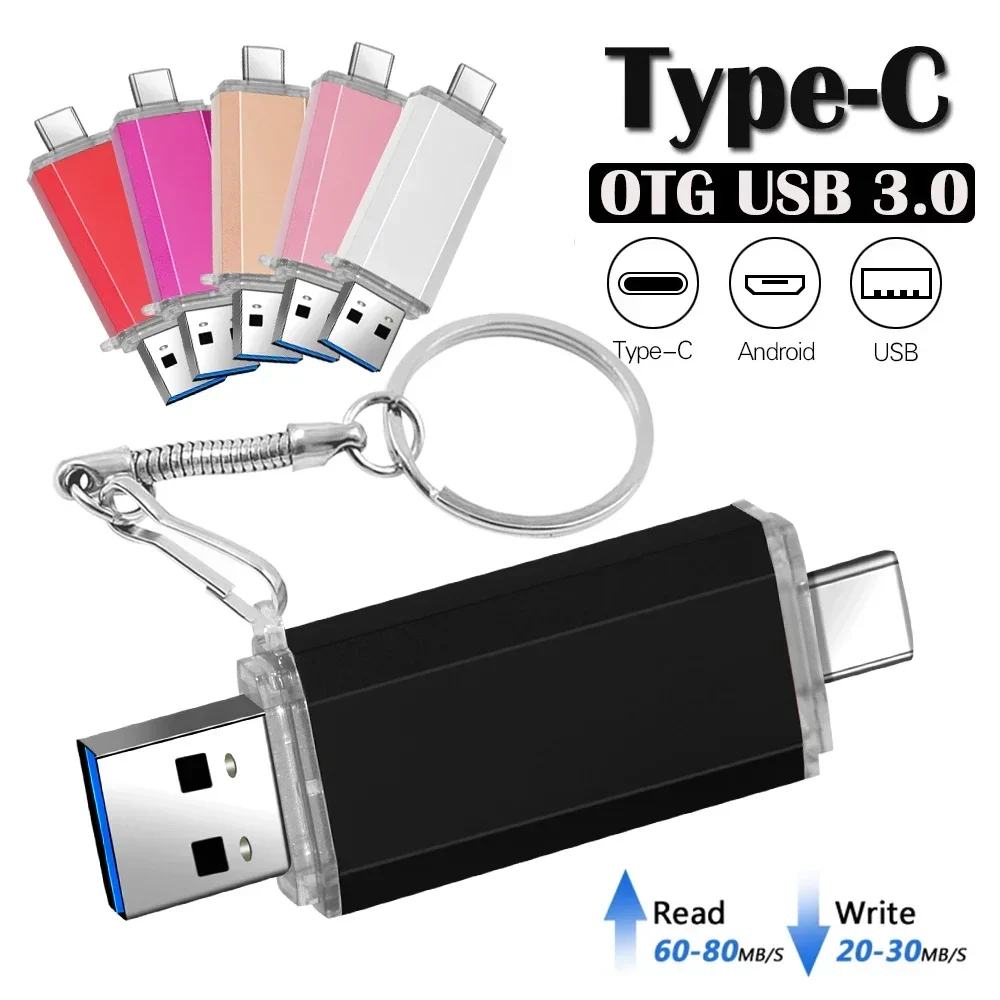 High Speed Type-C Memory Stick, USB 3.0 Flash Drive, Armazenamento Externo de Dados, Chaveiro, 2 em 1 Caneta, 32GB, 128GB