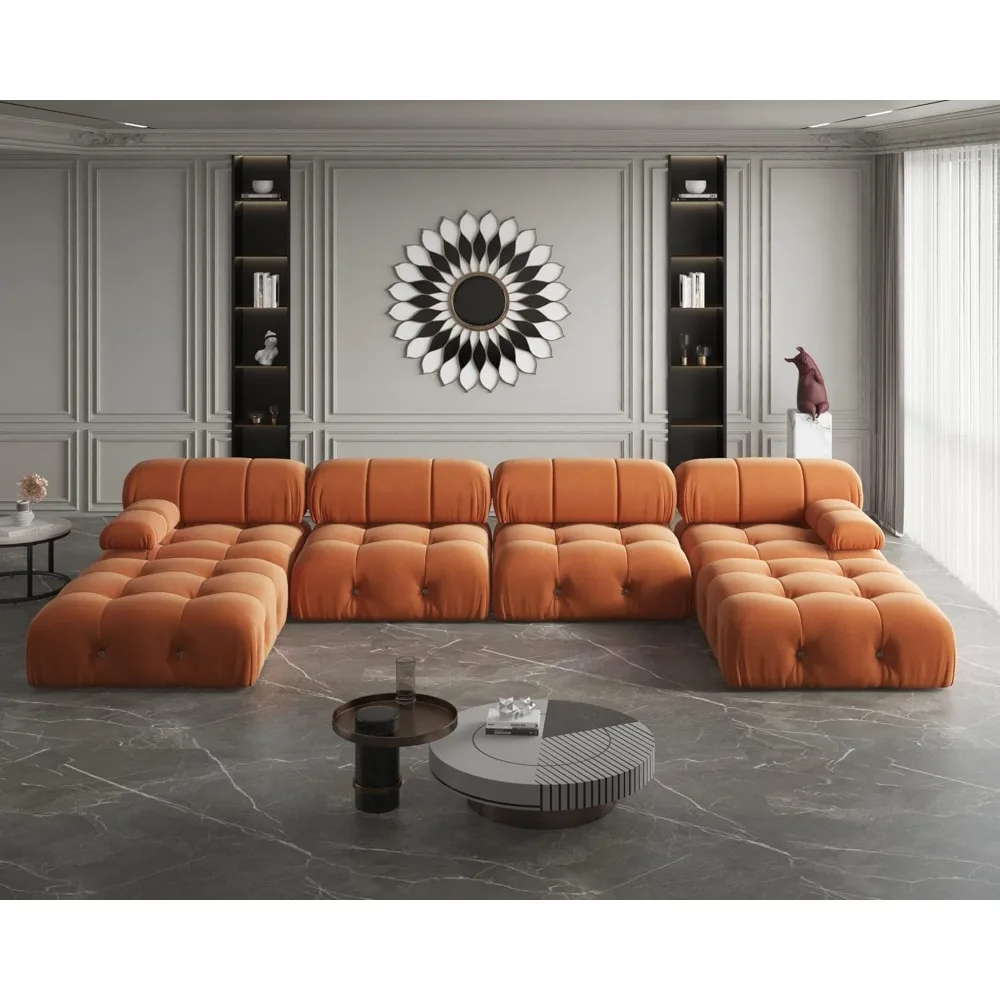 

Modern Velvet Sectional Sofa, U Shape Minimalist Modular 6-Seater Couch with 2-Ottomans for Living Room Office Apartment