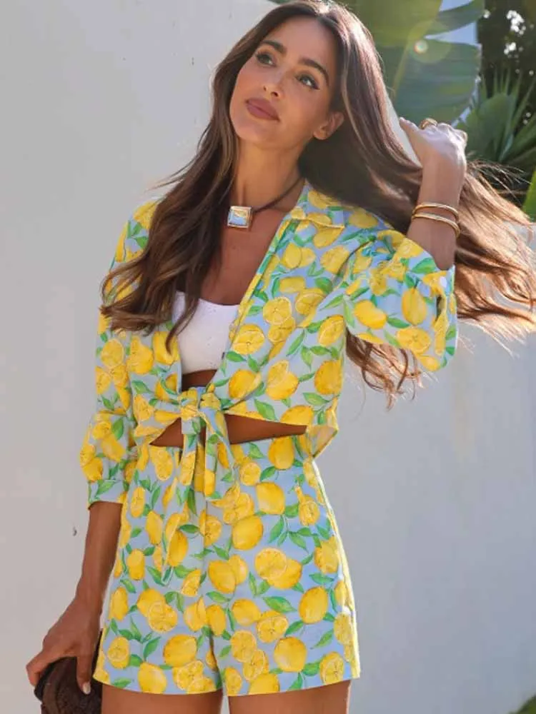 

MCDV Casual Lemon Print Top Shorts Set Women Summer Loose Lace Up Shirt High Waist Pockets Slim Shorts 2 Piece Vacation Outfits