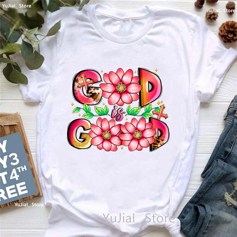 

New Leopard God Is Good Jesus Graphic Printed Tshirt Girls Pink Flowers Fashion T Shirt Women Harajuku Kawaii T-Shirt Female