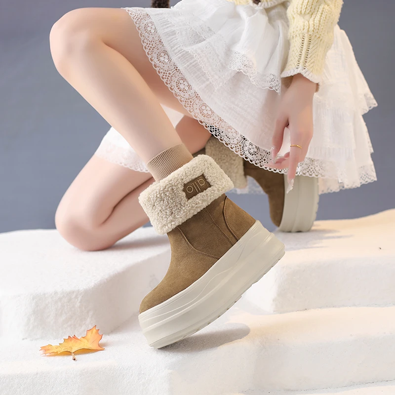 

New Women Platform Snow Boot Fashion Plush Warm Winter Shoes for Woman Exquisite Suede Mid Calf Boots Designer Shoes Botas Mujer