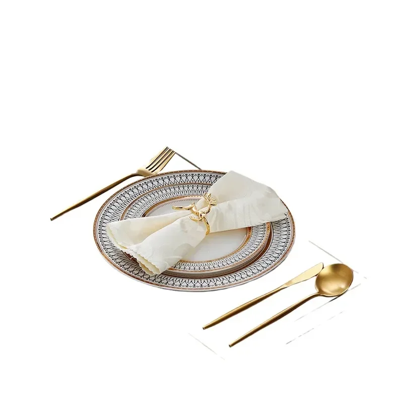 for European Style Houseware Full Set Tableware Household Steak Knife Fork Western Food Glass Electroplated Gold Bead Plate