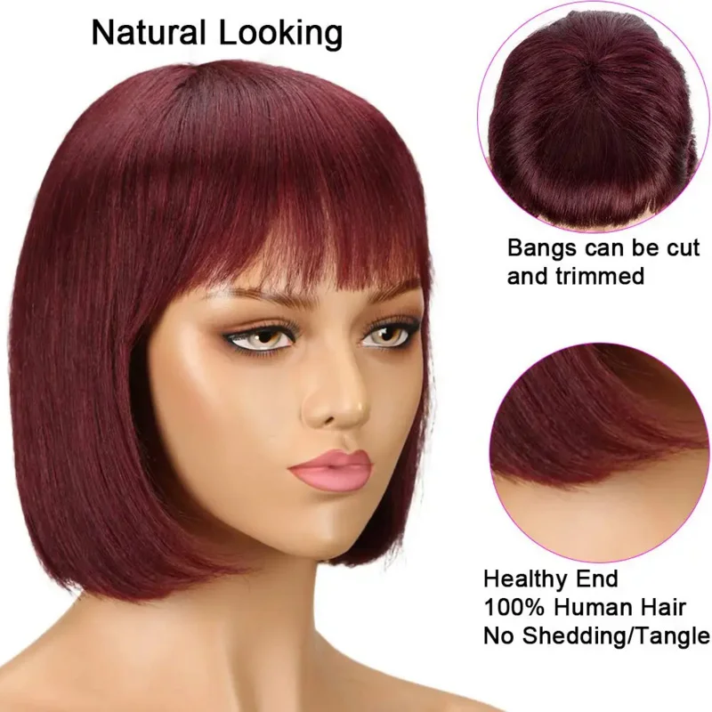 Short Bob Human Hair Wig With Bangs Fringe Cheap Full Machine Made Glueless For Black Women Straight Virgin Brazilian Pixie Cut