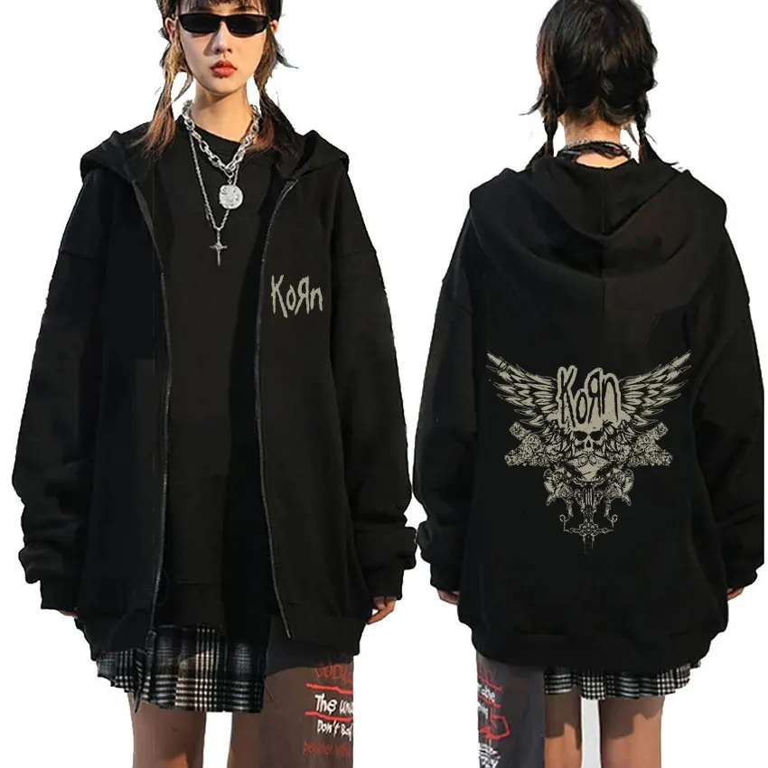 

Korn Skeleton Wings Girls Juniors Black Metal Gothic Rock Band Zipper Hoodie Men Women Vintage Oversized Fleece Zip Up Jacket