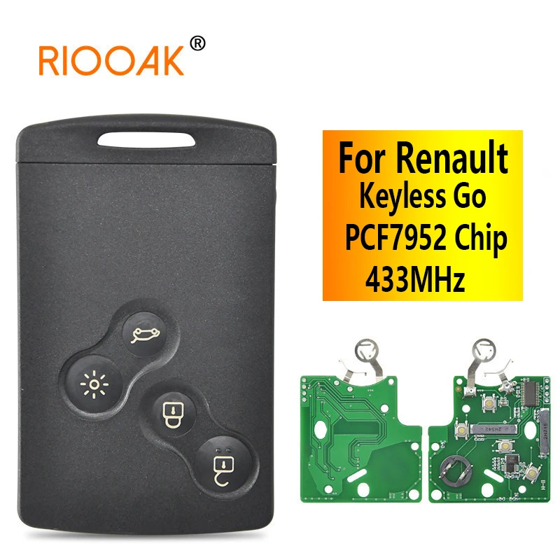 

RIOOAK For Renault Laguna Koleos Clio Scenic PCF7952 Chip 433MHz 4 Button Keyless Go Smart Car Remote Key