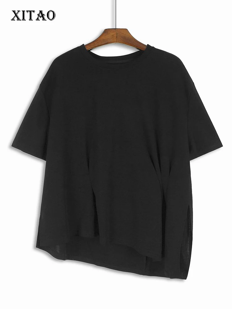 

XITAO Asymmetrical Folds Short Sleeve T-shirts O-neck Solid Color Pullover Side Split All Match 2024 Summer Casual New HQQ2329