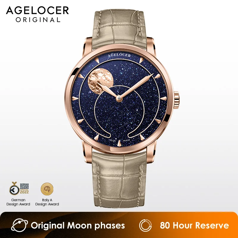 Agelocer-機械式自動時計,月の満ち欠け,天文学の時計,青いアベンチュリンダイヤル,高級時計,誕生日プレゼント