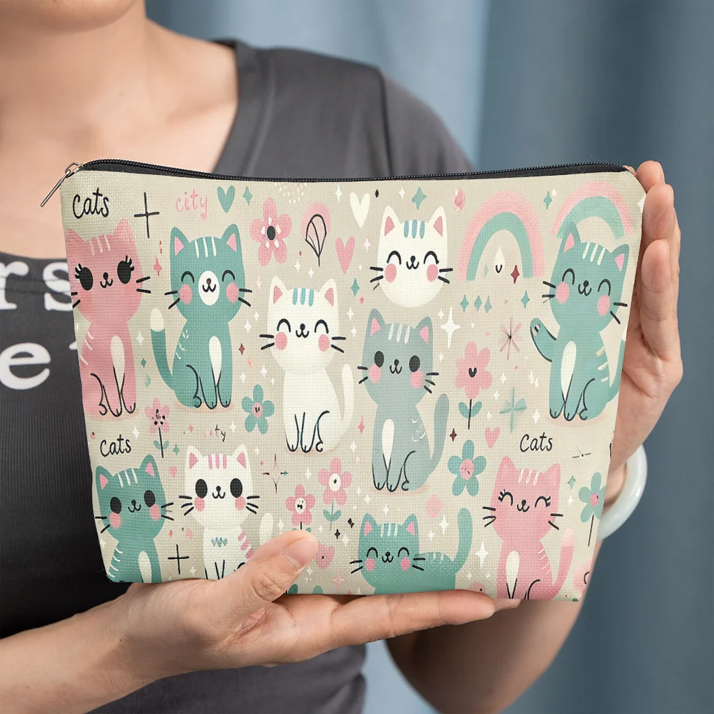 A Makeup Bag Featuring A Collection Of Cute Cats With Fun Design Patterns Machine Washable And Dry Cleanable Suitable For Stor