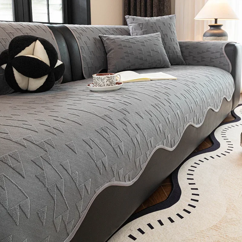 1pcs Wavy Edge Thick Textured Sofa Cover Vintage Luxury Embossed Geometric Sofa Mat Non Slip Pet Friendly Straight Couch Pads