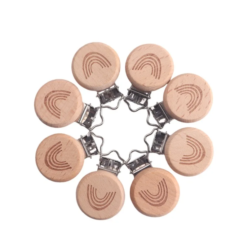 

8Pcs Wooden Baby Pacifier Holder Metal Clip Beech Baby Pacifier Clips Chain Accessories Wooden Teether Toy BPA Free