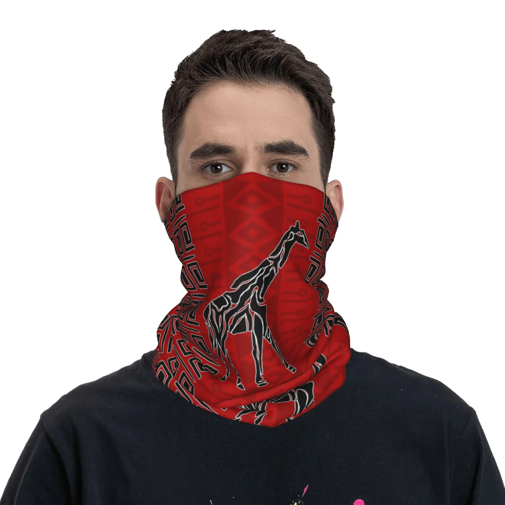 African Giraffe  Ethic Ornament Black and red Bandana Neck Gaiter Printed Wrap Scarf Multifunction Headband Outdoor Sports Adult