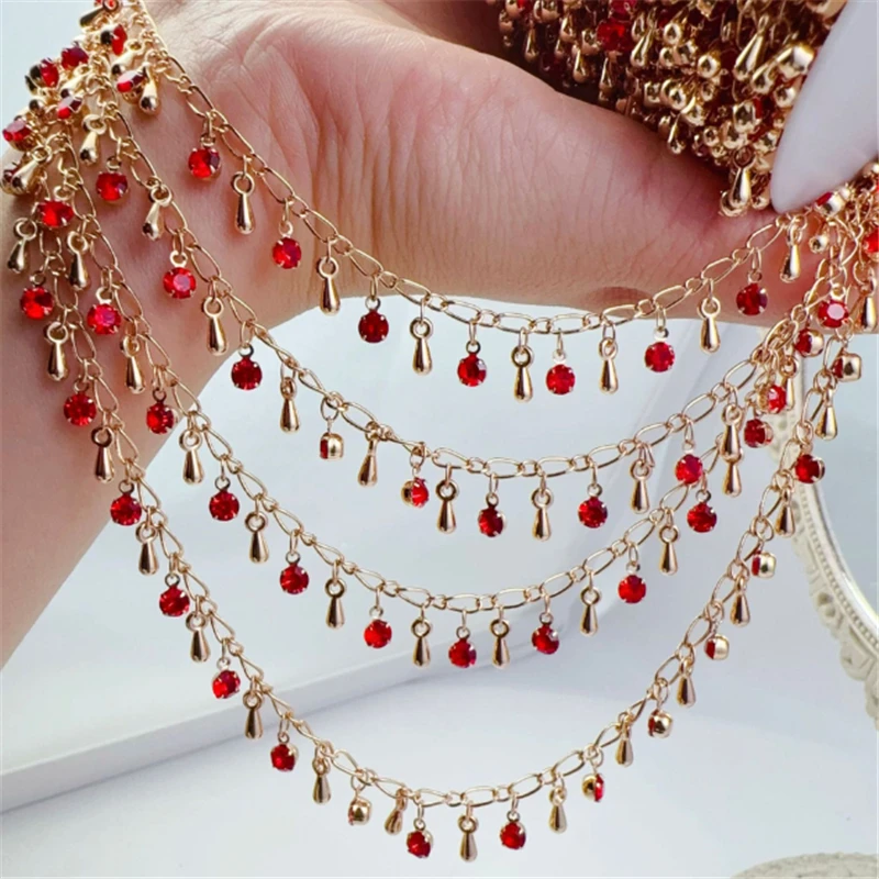 10 Meters New Retro No Fade Red Crystal Waterdrop Beads Link Chains DIY for Bracelet Necklace Garment Jewelry Making Accessories