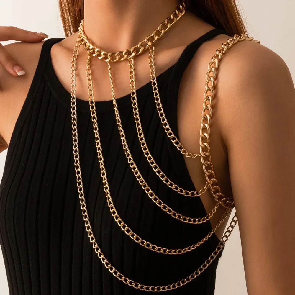 Fashionable Trendy Halter Neck Chain Lock Geometric U-Shaped Fringed Single Shoulder Body Chain for Women Sexy Body Jewelry