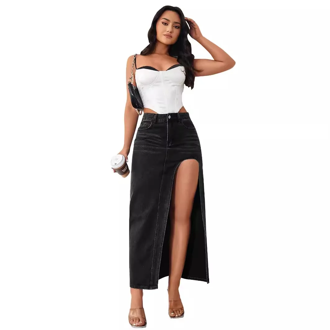 Streetwear Button Women Skirt Autumn Winter Elegant Denim Skirt Female High Waist Casual Bodycon Long Skirts