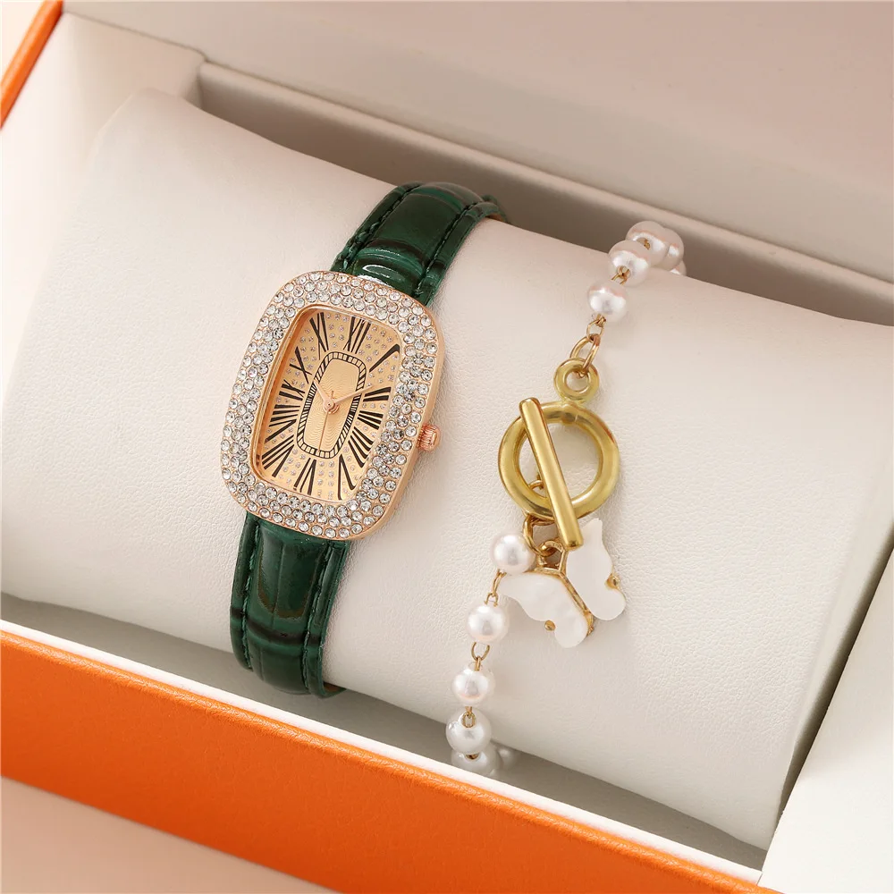 Fashion Rectangular Belt Watch Women Simple Rhinestone Roman Scale Face Quartz Ladies Temperament Watch