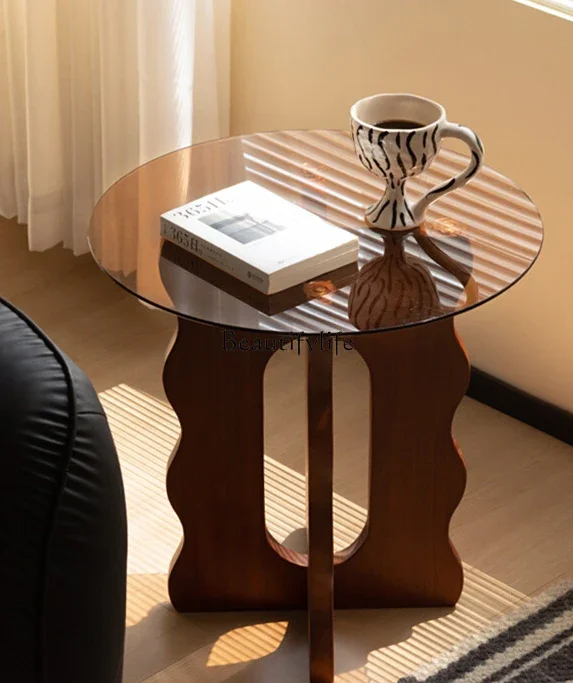 

FG44Nordic Retro Petals Side Table Solid Wood Tempered Glass Creative round Table