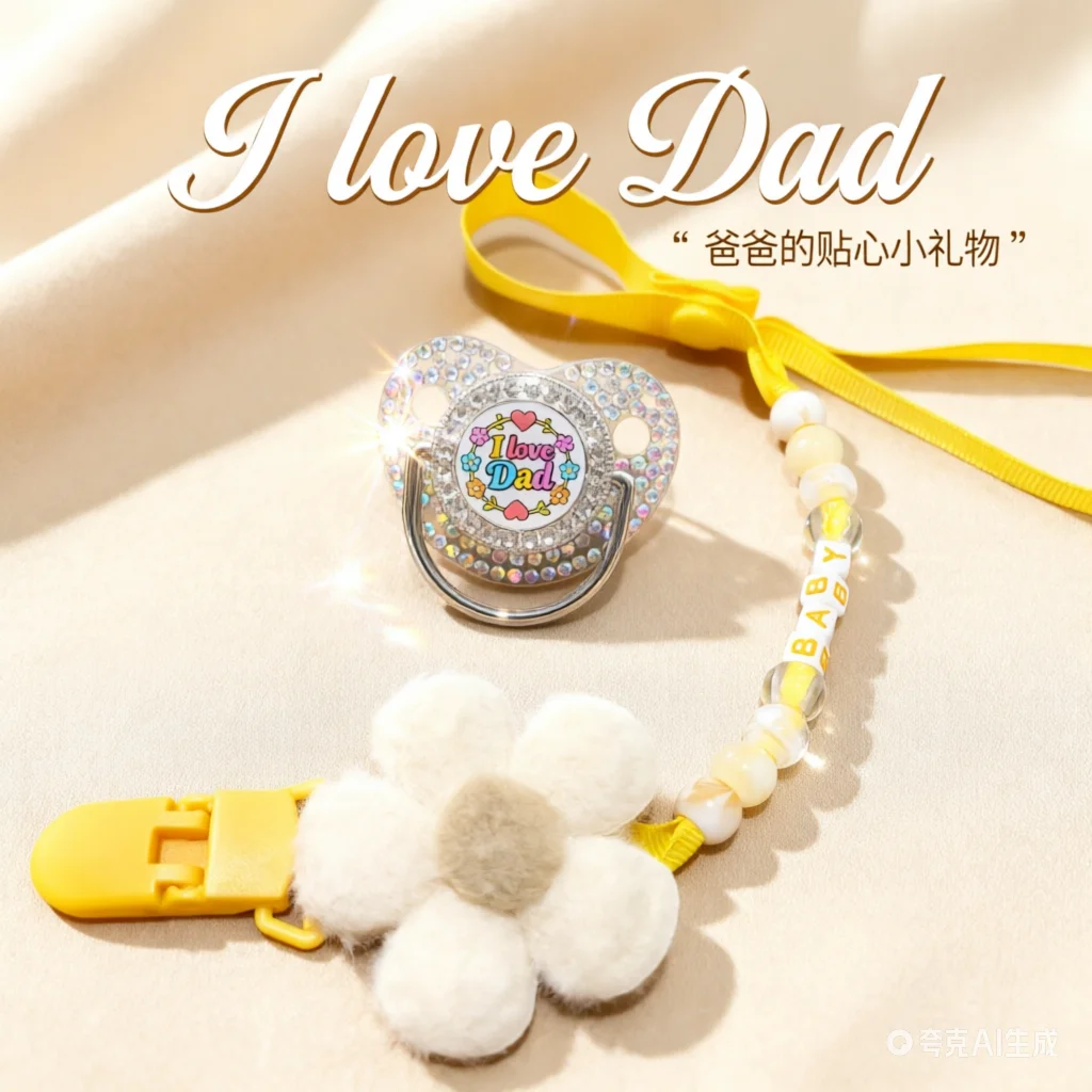 

Customizable Beaded Chain with Baby Name, Yellow Flower Clip & Safe Silicone Soother for Newborns