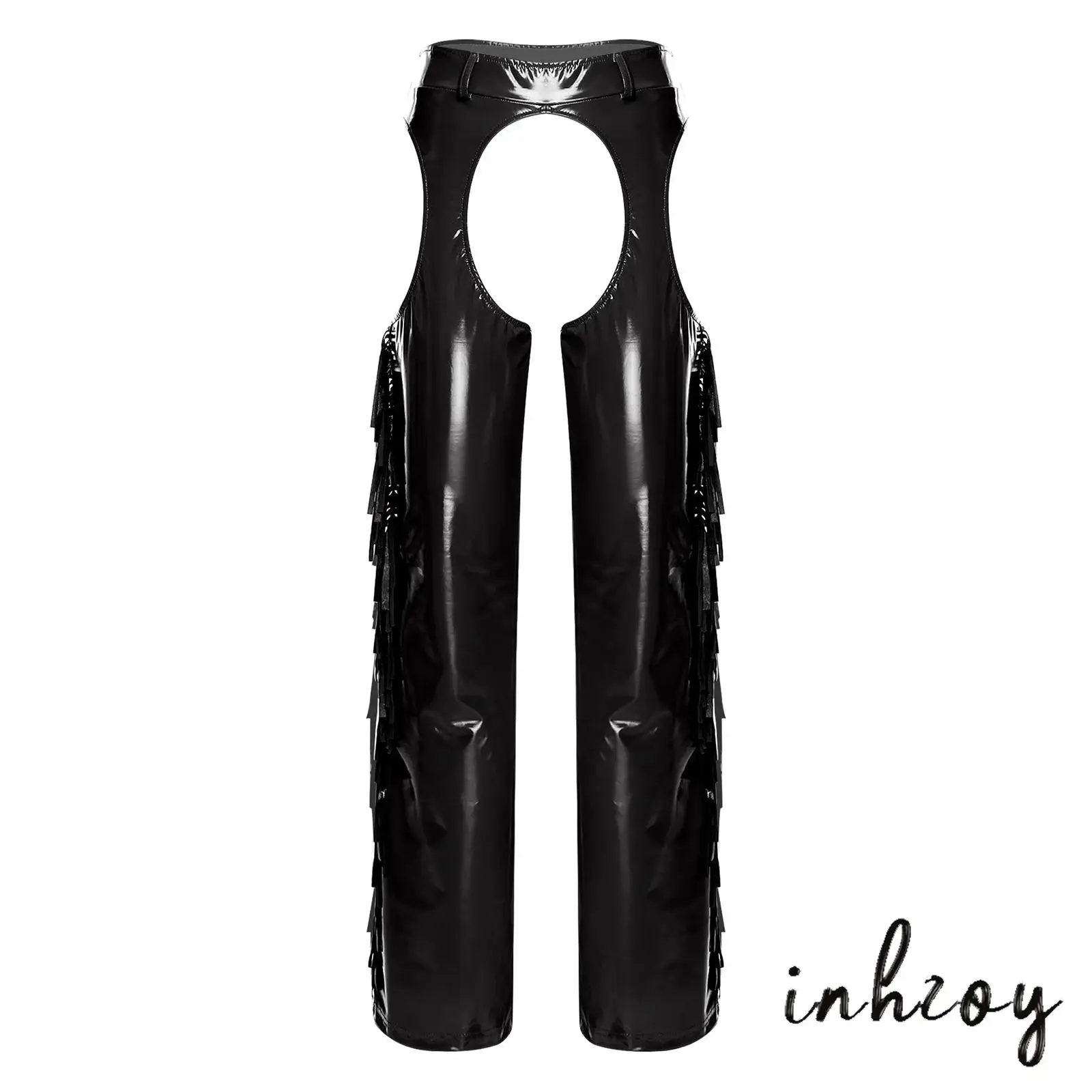 

Mens Glossy Chaps Trousers Hollow-out Crotch And Thighs Shiny Tassel Side Seams Wide Leg Long Pants for Cowboy Party Clubwear
