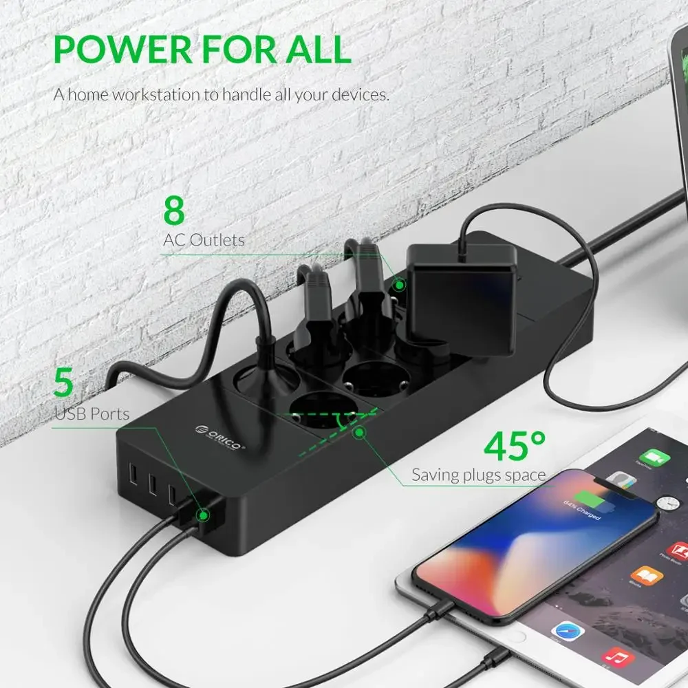 ORICO Universal Electrical Socket EU Plug Smart Extension Power Strip Home Office Surge Protector 4 6 8 AC with 5 USB HPC-8A5U