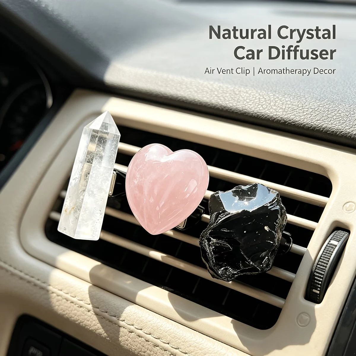 3pcs Natural Crystal Car Air Vent Clip Diffuser Set, Clear Quartz Point, Rose Quartz Heart And Raw Obsidian Ornaments, Car Inter