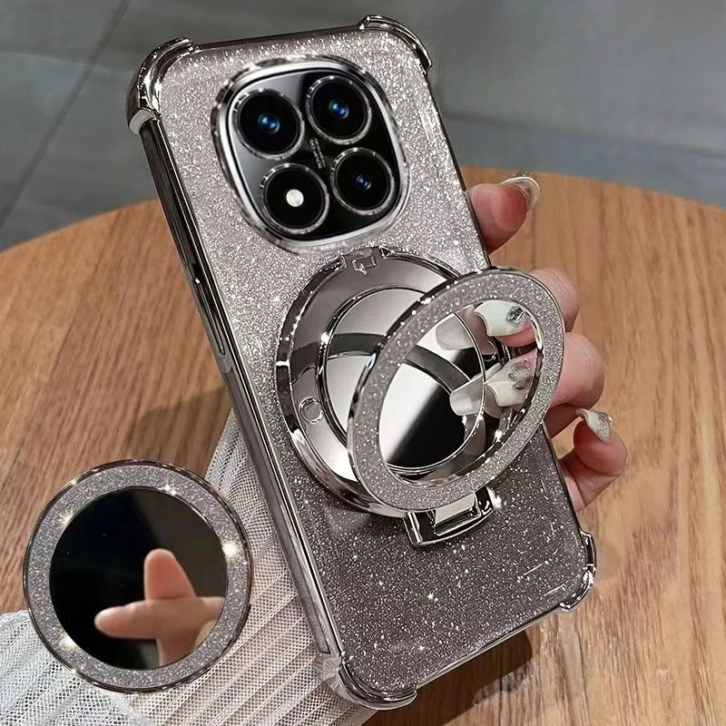 

Luxury Elegant Glitter Mirror Magnetic Holder Silicone Case for Redmi Note 15 14 13 Pro Plus 14C 15C 13C Protect Soft Cover