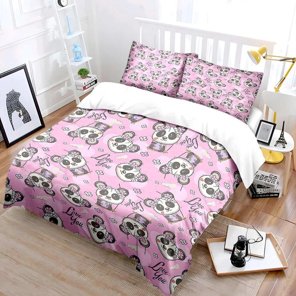 Pink background cartoon panda Pattern Duvet Cover Set Digital Print Colorful Polyester Bedding with Zipper Closur for kids gifts