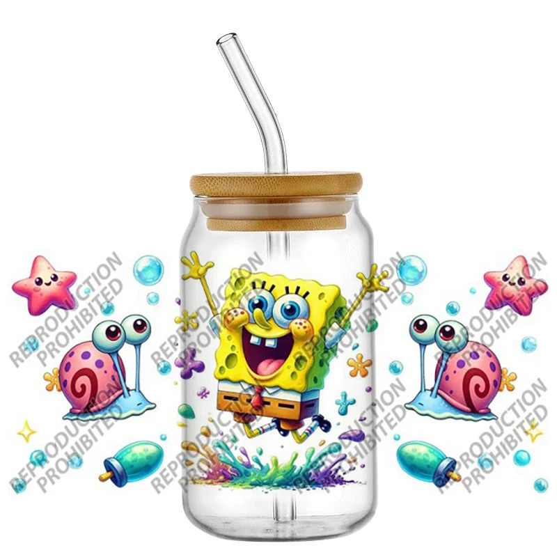 Cute Underwater Yellow Sponge Cartoon Characters Bubble Star UV DTF Wraps Waterproof Decals for 16oz Libbey Glass Can Tumbler
