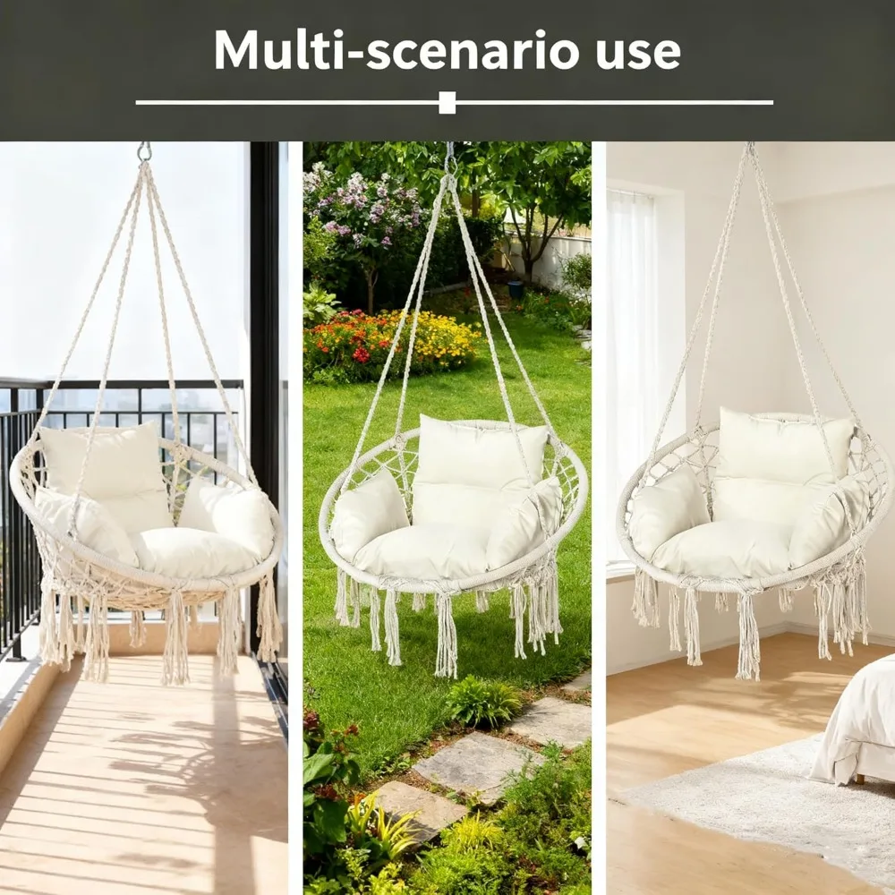 Comfortable Hanging Swing Chair with Cushion, Supports 330 Lbs for Indoor and Outdoor Use - White