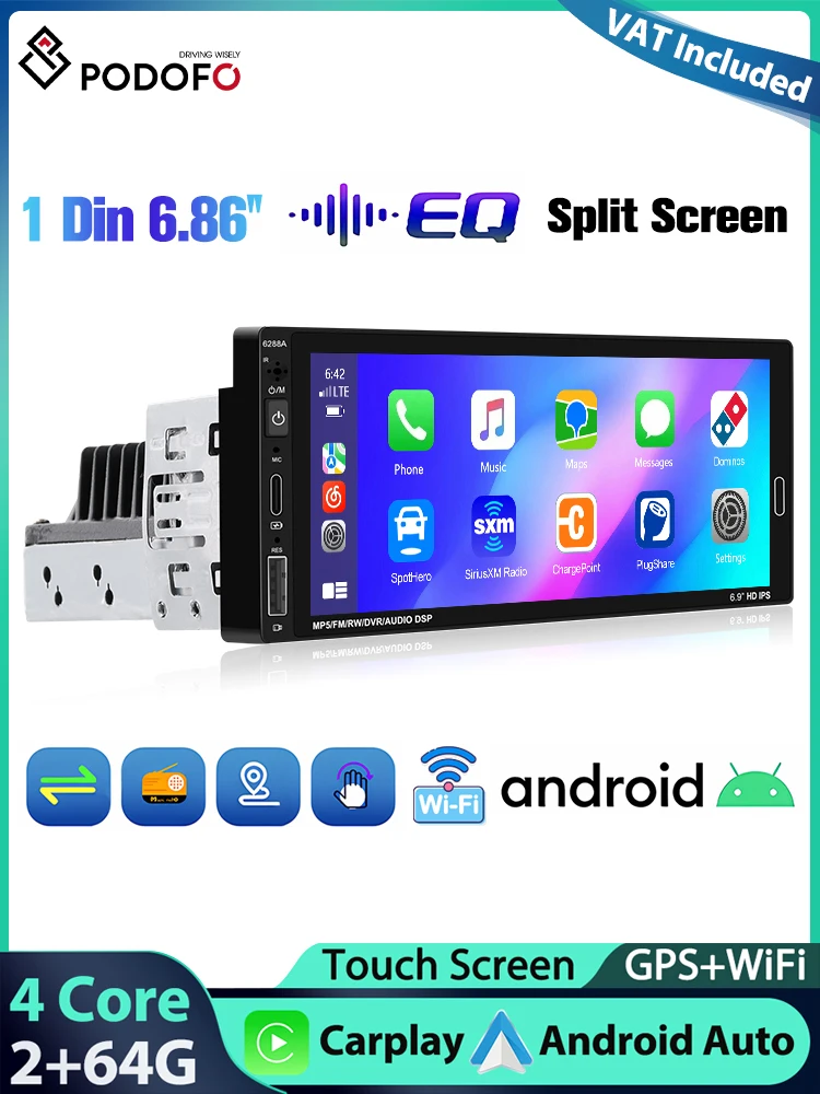 Podofo 6.86'' 2+64G Inteligentne Radio Samochodowe 1Din Uniwersalne Radio Samochodowe Carplay Android Auto BT WIFI GPS Mirror Link FM Android Auto — 2