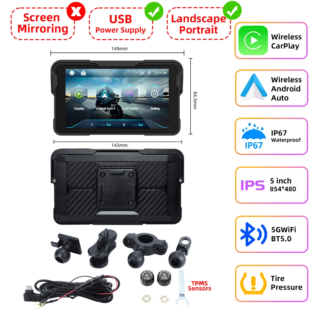 EKIY 5 inch Removeable Navigation Motorcycle IP67 Carplay Display