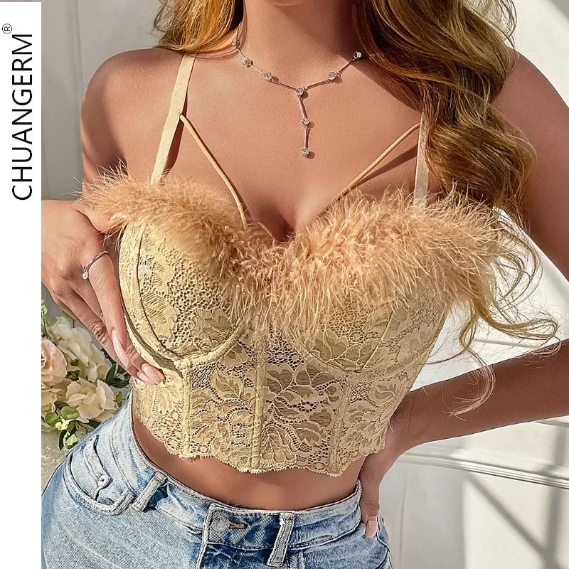 CHUANGERM-corsé Sexy de decoración de plumas para mujer, ahuecada transparente Top corto de malla, bordado de encaje, chaleco de espina de pescado Halter Delgado