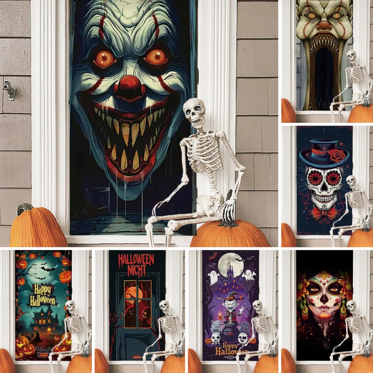 Halloween Door Sticker Decal Monster Door Cover Sticker Halloween Door Decorations Scary Ghost Wallpaper Party Outdoor Supply