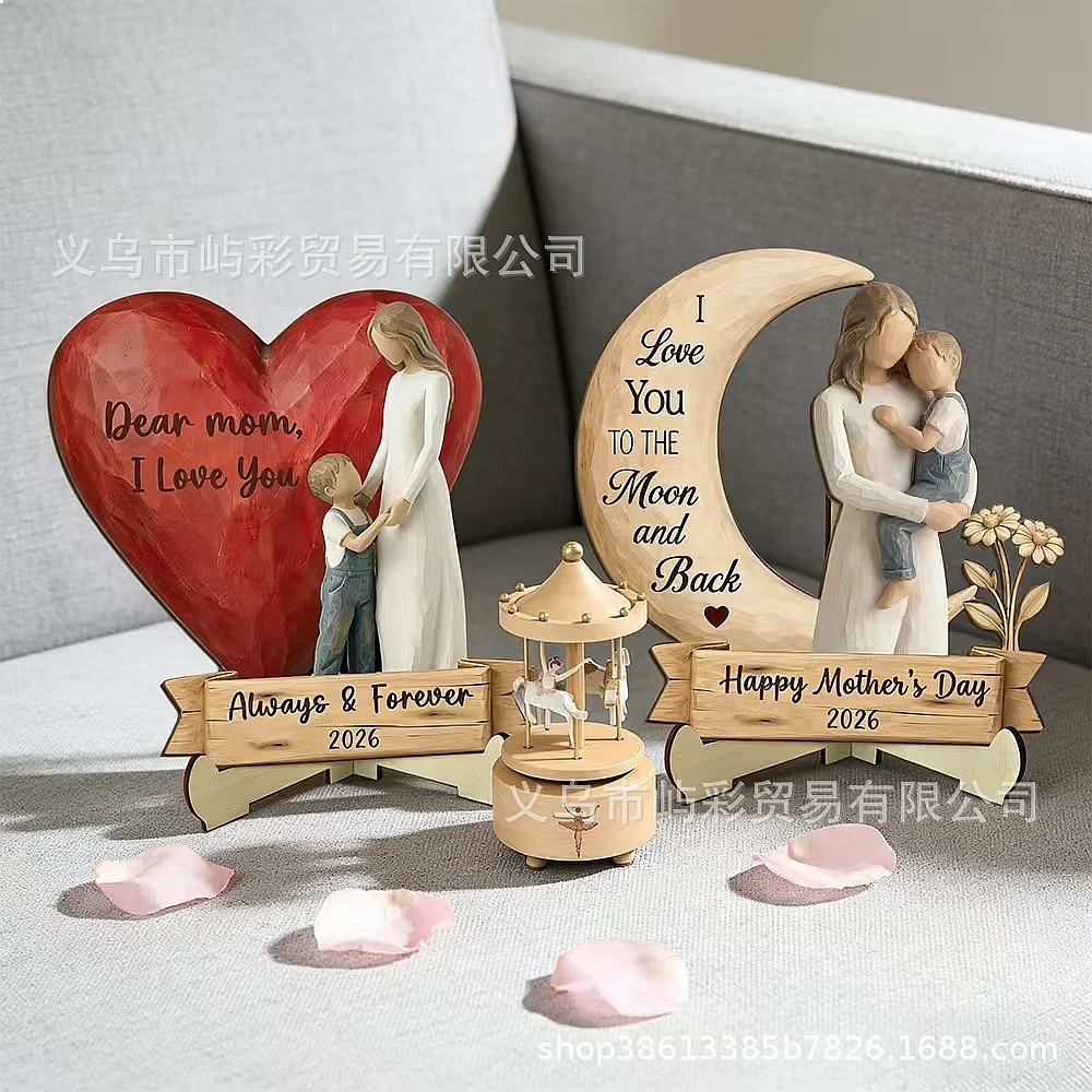 Wooden Love Moon Hug Ornament Mother's Day Gift Engraved Thanks Desktop Decor