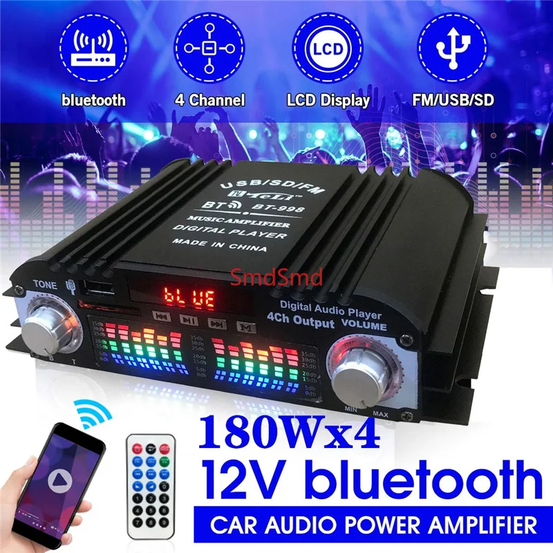 BT-998 12V/220V Mini bluetooth HiFi Power Amplifiers Stereo Car Home Audio Digital Sound Amplifier LCD Display FM SD USB Bass